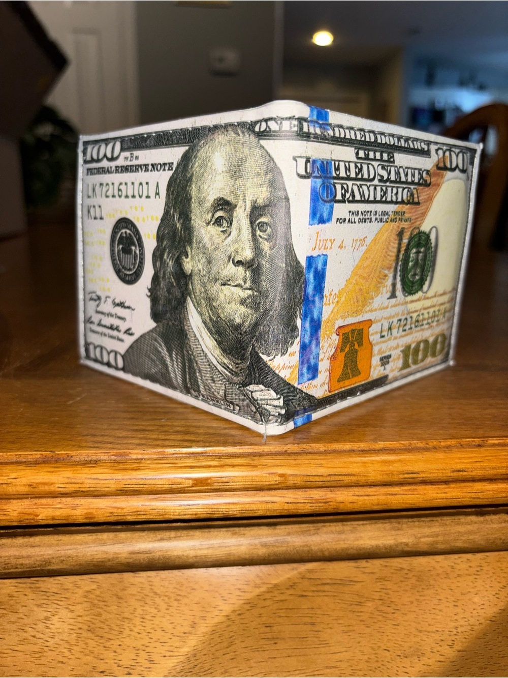 Novelty $100 Bill Print Bi-Fold Wallet - White, Green, Blue, Orange